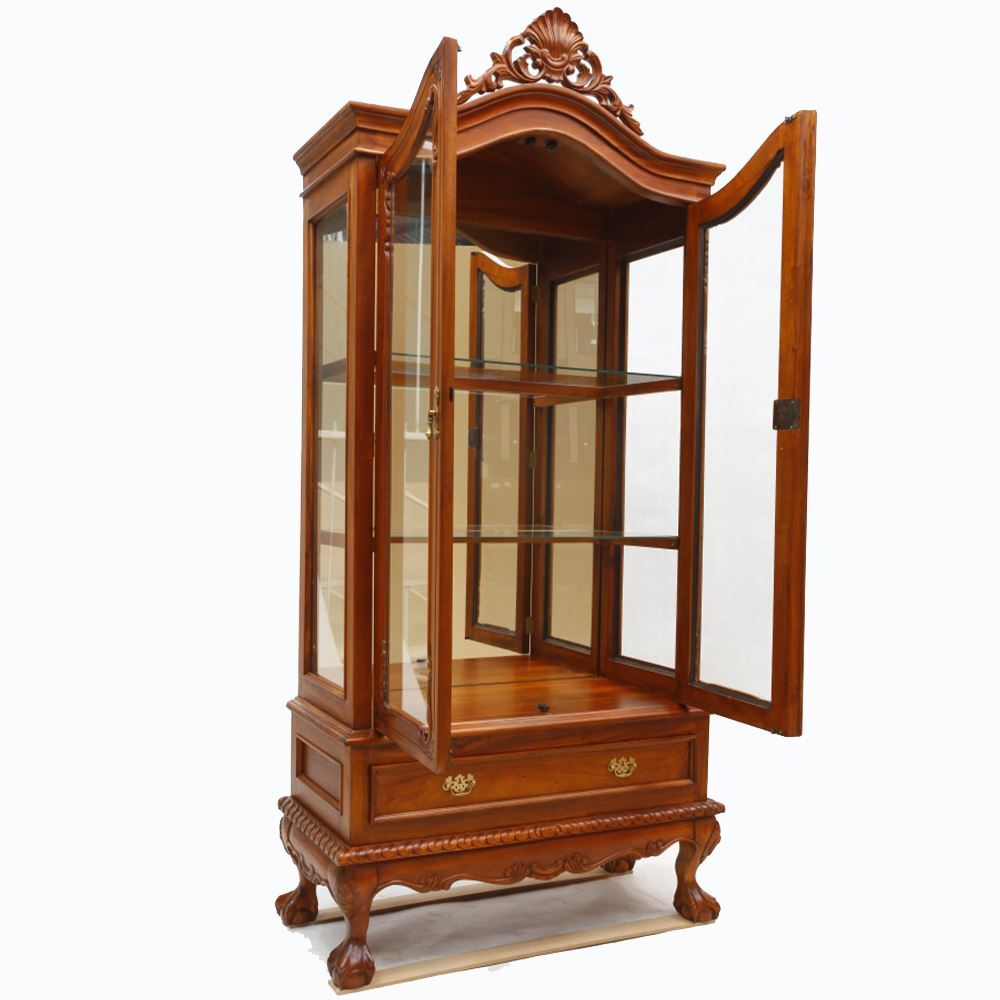 Antique Chippendale Style Mahogany Wood 2 Door Glass Display Cabinet With 1 Drawer