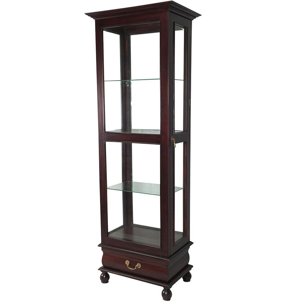 Antique Style Mahogany Wood Glass Display Cabinet With Drawer